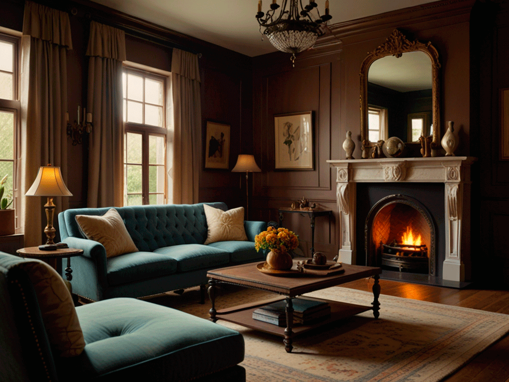 Antiques-pieces-Introduce-Timeless-Charm-in-your-living-room A cozy, stylish living room incorporating a carefully chosen antique as a showpiece — such as an ornate wooden chest, a vintage mirror with a gilded frame, or a classic grandfather clock. The antique blends seamlessly with modern furnishings, adding a sense of history and timeless charm. Warm ambient lighting enhances the aged textures and patina. Ultra-realistic photo style, balanced mix of old and new.