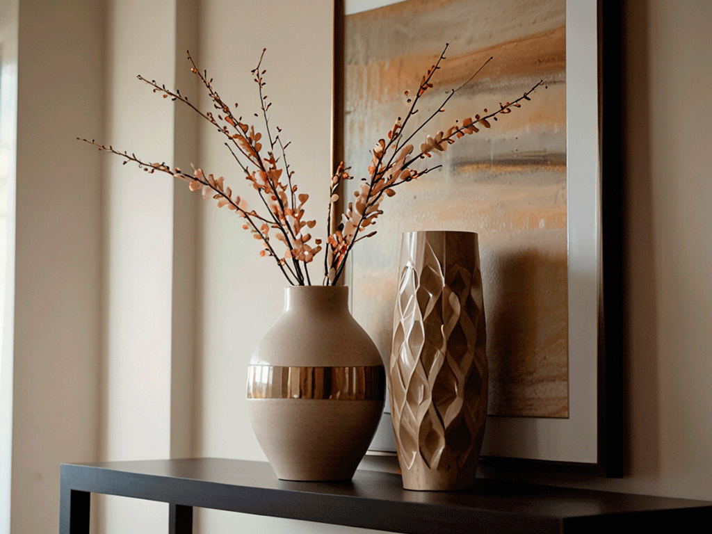 Sculptural-vases-are-a-versatile-and-artistic-choice-for-adding-a-touch-of-sophistication-to-your-decor A modern living room or entryway showcasing sculptural vases with artistic, abstract shapes made of ceramic or glass. The vases serve as the focal point on a minimalist console table or shelf, surrounded by subtle, complementary decor. Soft natural lighting enhances their textures and forms. Ultra-realistic photo style, elegant and contemporary atmosphere.