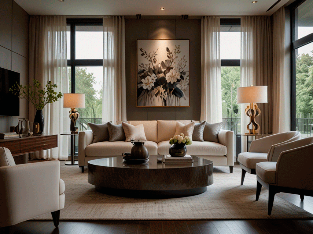 A beautifully decorated living room featuring a stunning central showpiece, such as an elegant sculptural art piece or a sophisticated floral arrangement on a sleek coffee table. The space includes modern furniture, soft lighting, and balanced decor elements that draw the eye toward the showpiece. Ultra-realistic photo style, high detail, cozy and stylish ambiance.