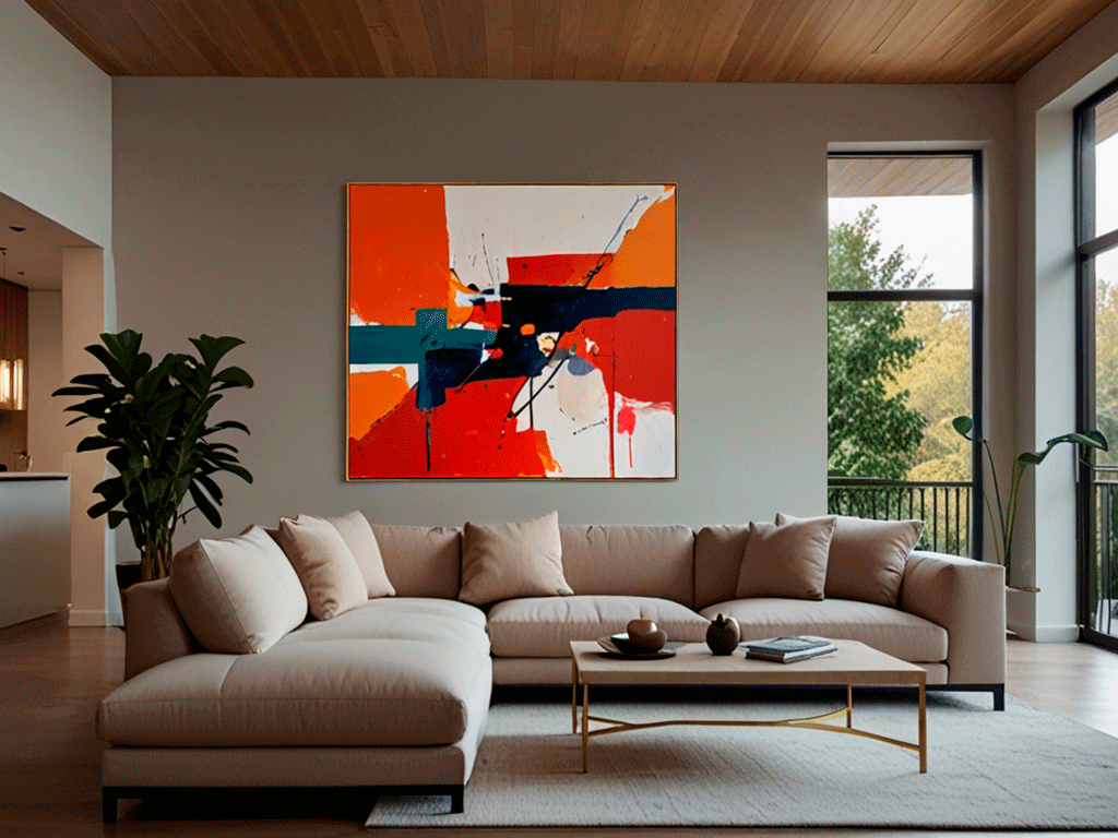 A modern living room with a minimalist aesthetic, featuring a large piece of abstract wall art as the focal point. The artwork showcases bold shapes and colors, adding personality and visual interest to the space. Clean lines, neutral-toned furniture, and natural light create a harmonious balance, allowing the art to stand out. Ultra-realistic photo style, contemporary and expressive design.
