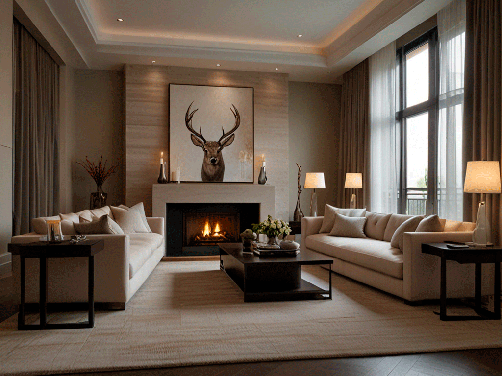 A well-balanced living room with thoughtfully arranged furniture and decor elements. Symmetrical placement of seating, art, and lighting creates a sense of harmony and sophistication. The room features neutral tones with subtle pops of color, elegant textures, and high-end finishes. Clean lines, cozy ambiance, and an inviting yet refined look. Ultra-realistic photo style, contemporary and polished design.
