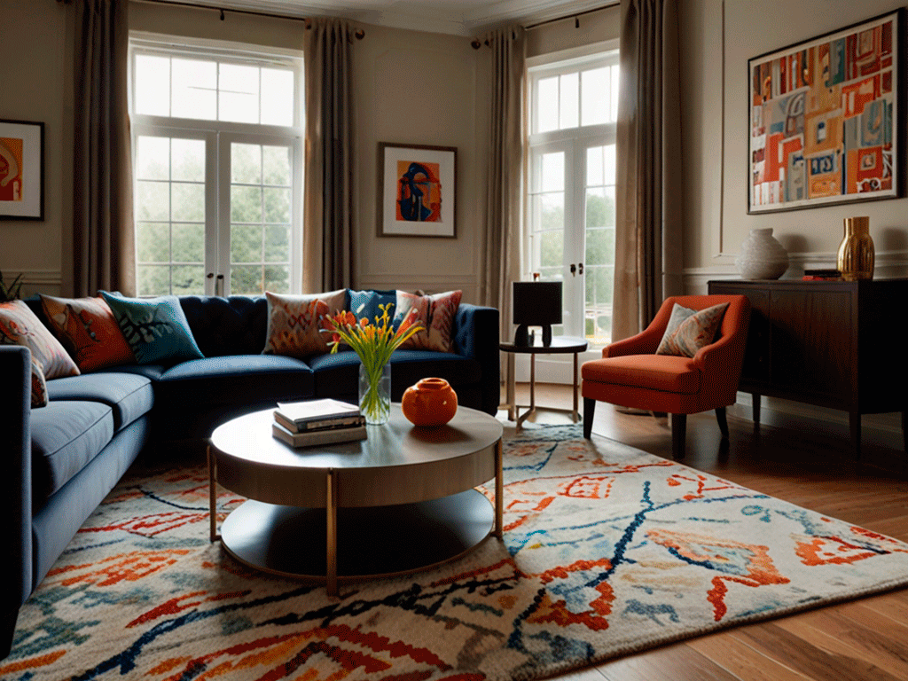A stylish living room with a bold, patterned area rug as the centerpiece, featuring vibrant colors and geometric or abstract designs. The rug anchors a modern sofa and coffee table setup, contrasting with neutral-toned furniture and decor. Natural light streams in through large windows, highlighting the texture and color of the rug. Ultra-realistic photo style, sophisticated yet cozy ambiance.