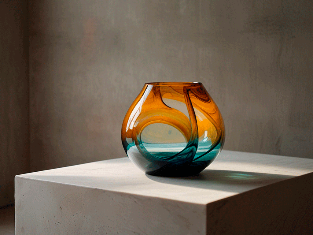 A modern living room featuring a hand-blown glass vase as the central decorative piece, placed on a sleek console table or coffee table. The glass has unique swirls of color and an organic shape, catching natural light from a nearby window. The surrounding decor is minimalist to let the glass art stand out, with soft, neutral tones and subtle textures. Ultra-realistic photo style, elegant and serene atmosphere.