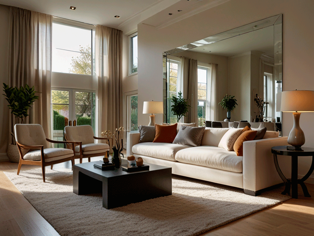 A stylish and contemporary living room with a large decorative mirror prominently displayed on one wall. The mirror reflects natural light streaming in through nearby windows, brightening the space and making the room appear larger and more open. Surrounded by elegant, minimalist decor and soft neutral tones. Ultra-realistic photo style, modern and spacious atmosphere.
